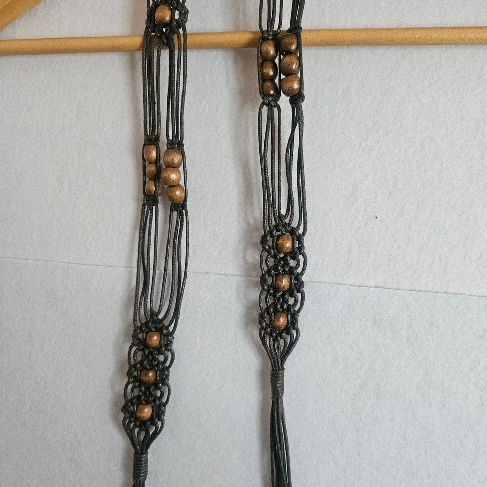 Vtg Boho Macrame‎ Tie Belt Brown Cord Wooden Beads Hippie Festival Tassel 60in